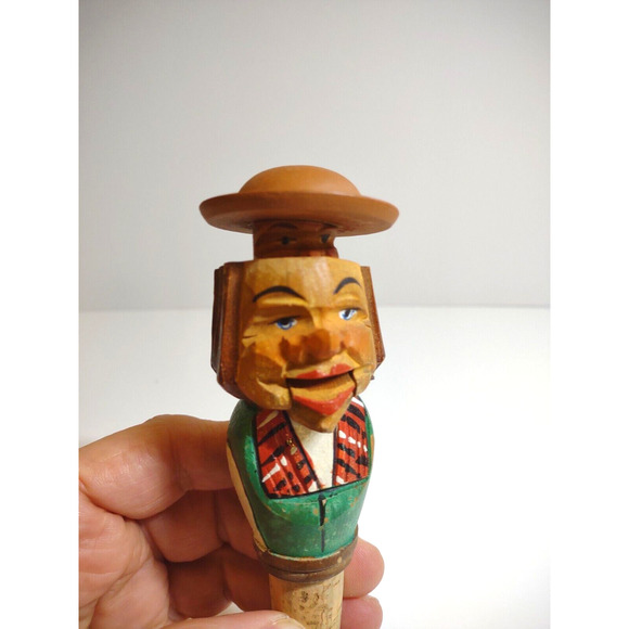ANRI Mechanical Head Man Bottle Stopper Wood Hand Carved Puppet Barware Cork - Picture 7 of 7